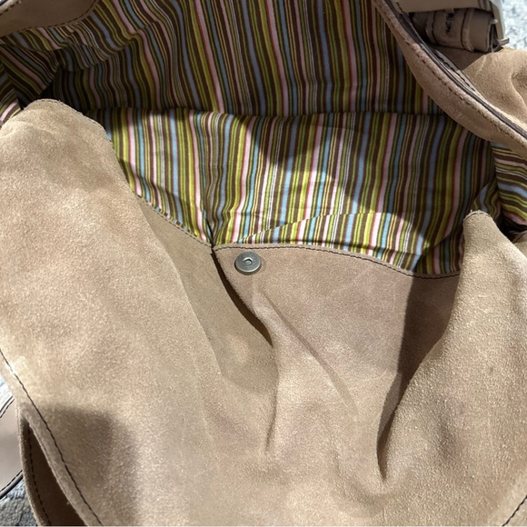 Longaberger Fold Over Hobo Handbag Purse Suede Leather Taupe Sisters P - Picture 10 of 12